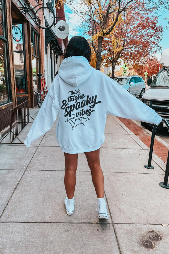 Halloween Hoodie | Thick Thighs Spooky Vibes Sweatshirt, Fall Hoodie, Spooky Hoodie, Halloween hoodies, Halloween 2025, Halloween Apparel