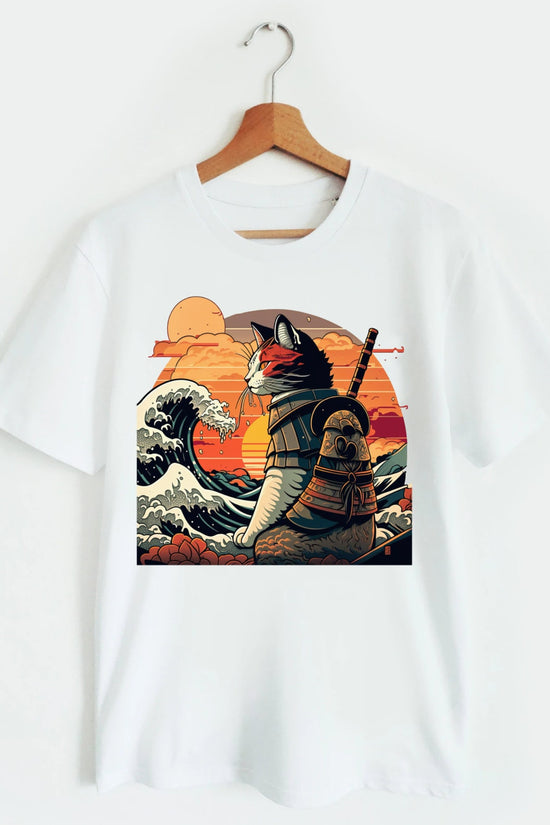 Retro samurai cat T-shirt The Great Wave off Kanagawa Hokusai