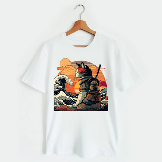 Retro samurai cat T-shirt The Great Wave off Kanagawa Hokusai