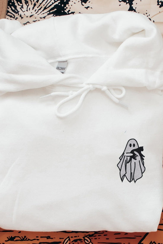 Embroidered Ghost Hoodie, Halloween Sweatshirt, Black Cat, Fall Hoodies for Women, Halloween Crewneck, Cute Ghost Shirt, Spooky Season