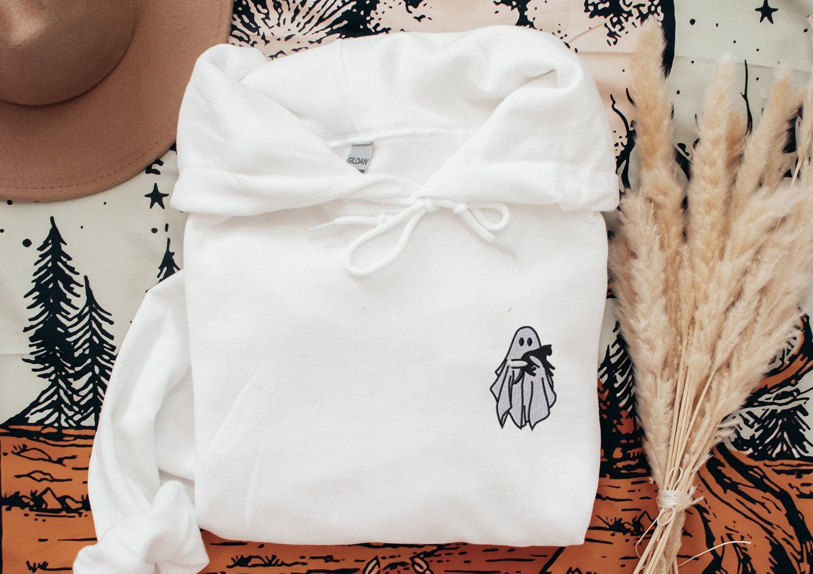 Embroidered Ghost Hoodie, Halloween Sweatshirt, Black Cat, Fall Hoodies for Women, Halloween Crewneck, Cute Ghost Shirt, Spooky Season
