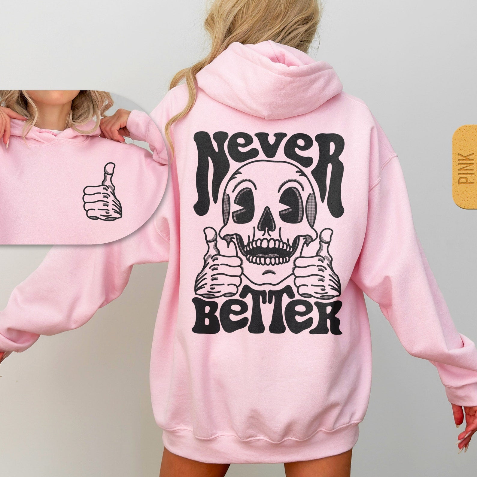 Never Better Skeleton Hoodie - Unisex Trendy Halloween Hoody, Retro Skull Hooded Sweatshirt, Sarcastic Funny Gift, Oversized Pullover Hoodie