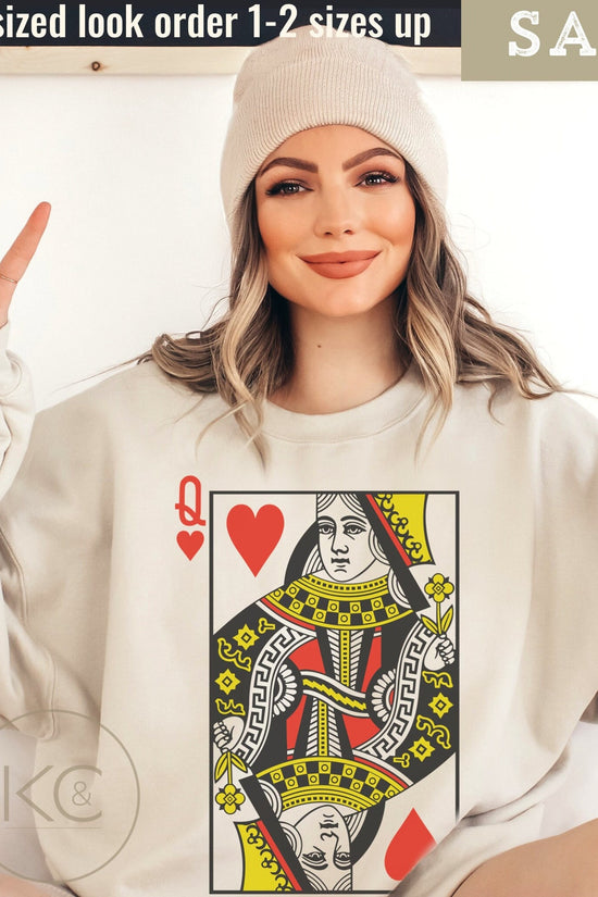 Queen of Hearts Graphic sweatshirt | Playing Cards crewneck | Valentines Gift for her| casino poker card player sweater, Womens crewneck.