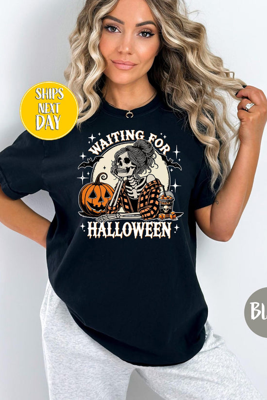 Skeleton Girl Just Waiting For Halloween T-shirt, Spooky Pumpkin Art Tee, Waiting for Halloween T-Shirt, Halloween Coffee Cup T-shirt