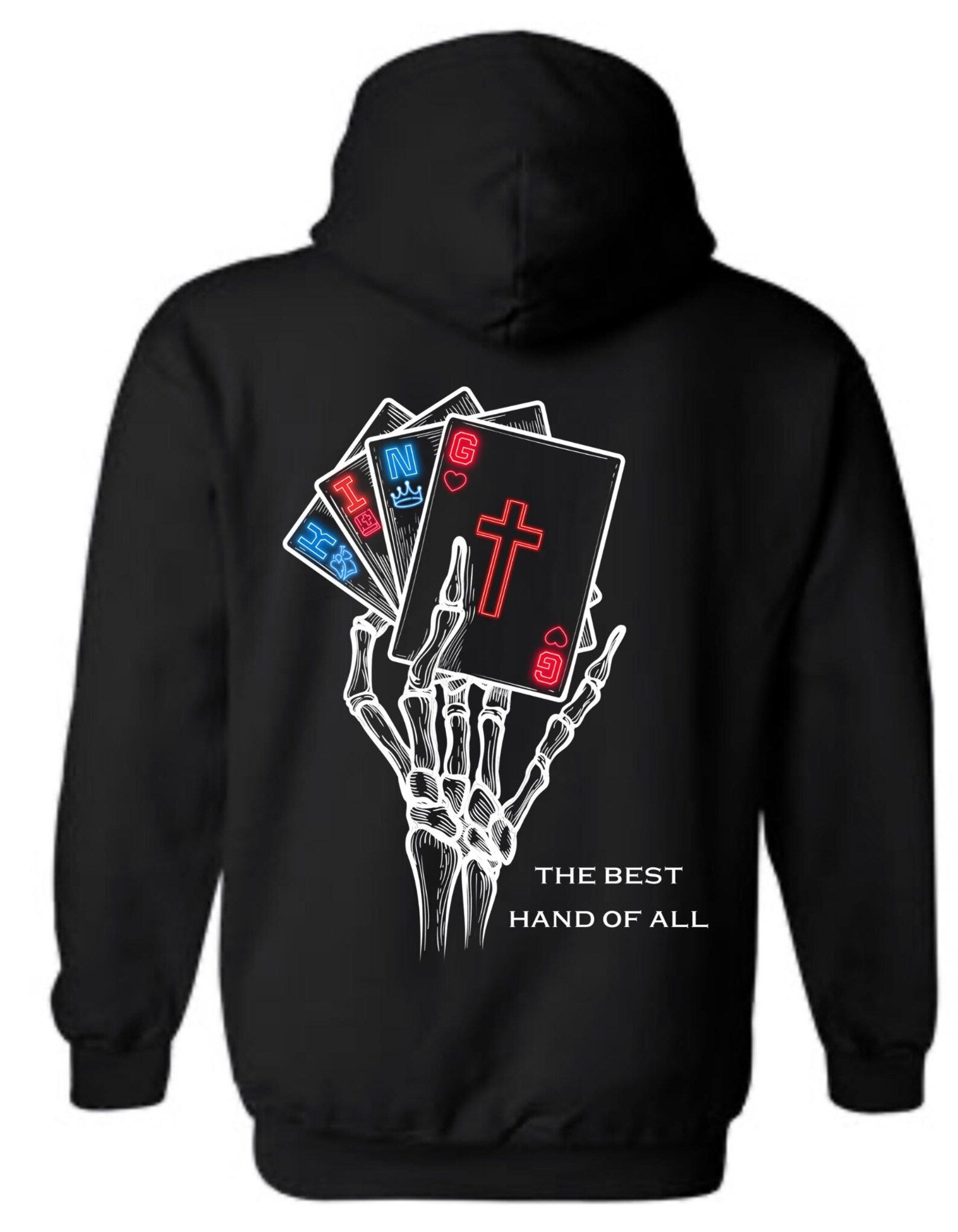 Christian Skeleton Hand Hoodie – “The Best Hand of All” Playing Card Faith Graphic – Jesus Poker Hoodie – Christian Streetwear – Bold Gospel