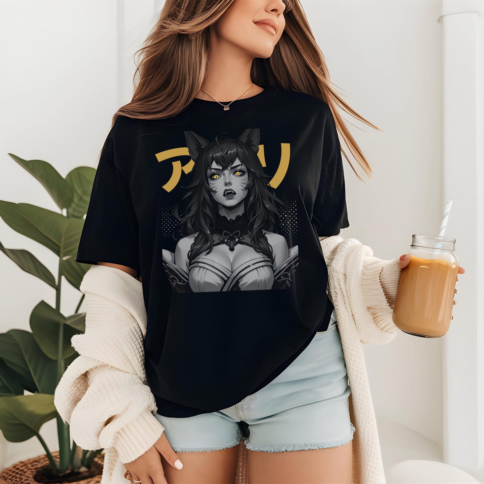Japanese Style Ahri League of Legends Shirt KDA lol tee Shirt of Legends Apparel Monochrome Greyscale, Japanese Aesthetcic