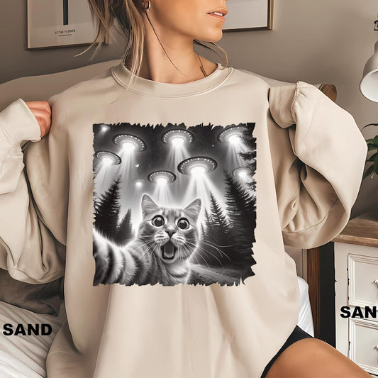 UFO Cat Shirt,Cat Selfie Shirt,Aliens With Cat Selfie Shirt,Pet Lover Gift, Sweatshirt