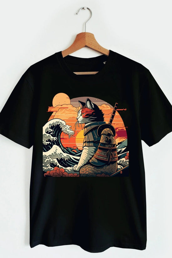 Retro samurai cat T-shirt The Great Wave off Kanagawa Hokusai