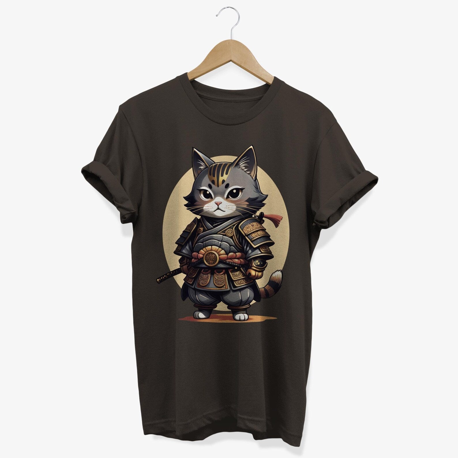 Kawaii Samurai Cat T-shirt | Japanese Kitten Warrior Graphic Tee | Anime Lovers Gifts