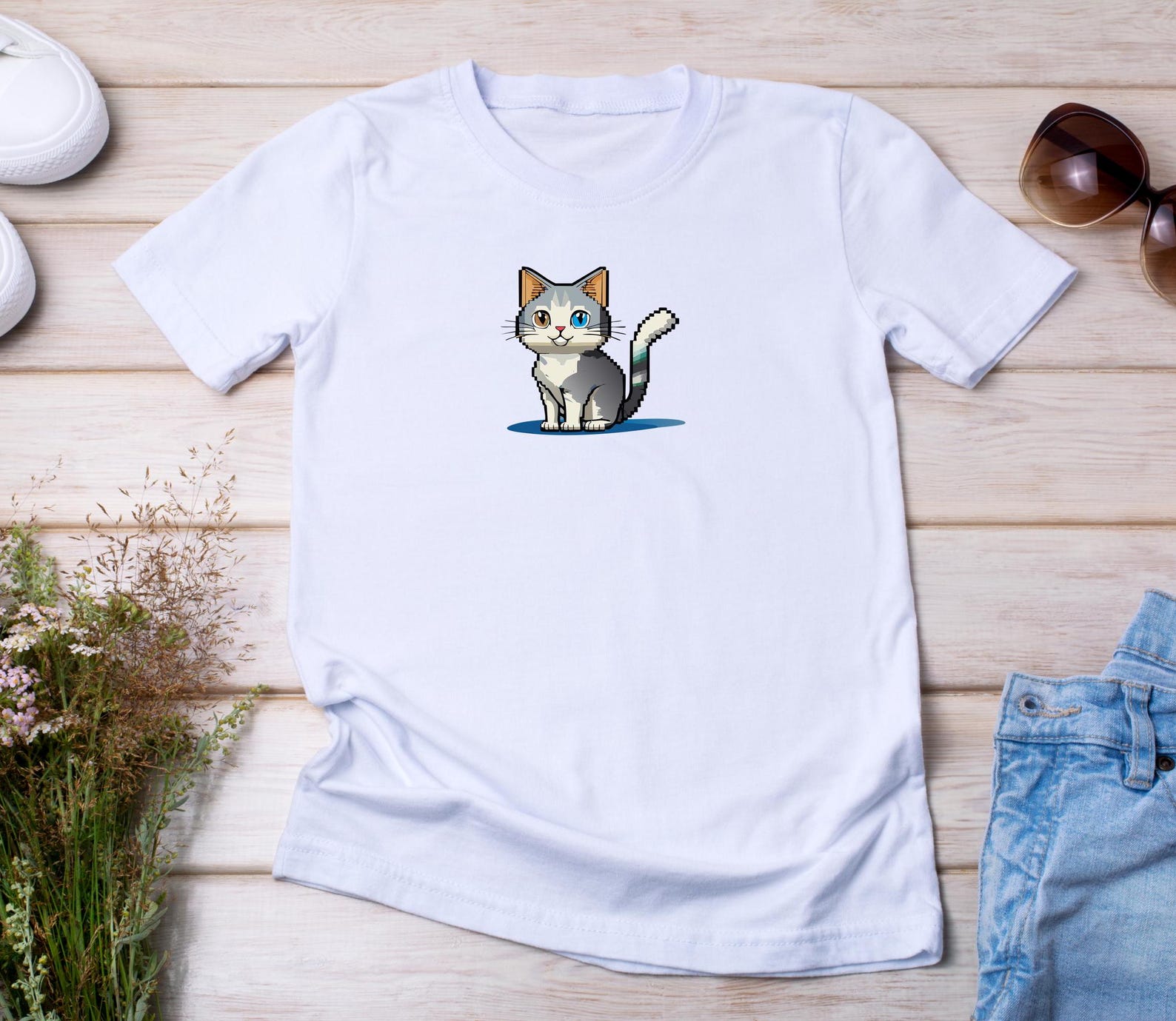Anime Pixel Cat T-Shirt | Cute Kawaii Kitty Graphic Tee|Adorable Cartoon Feline Shirt|Japanese Anime Cat Art Tee|Whimsical Pet Lover T-Shirt