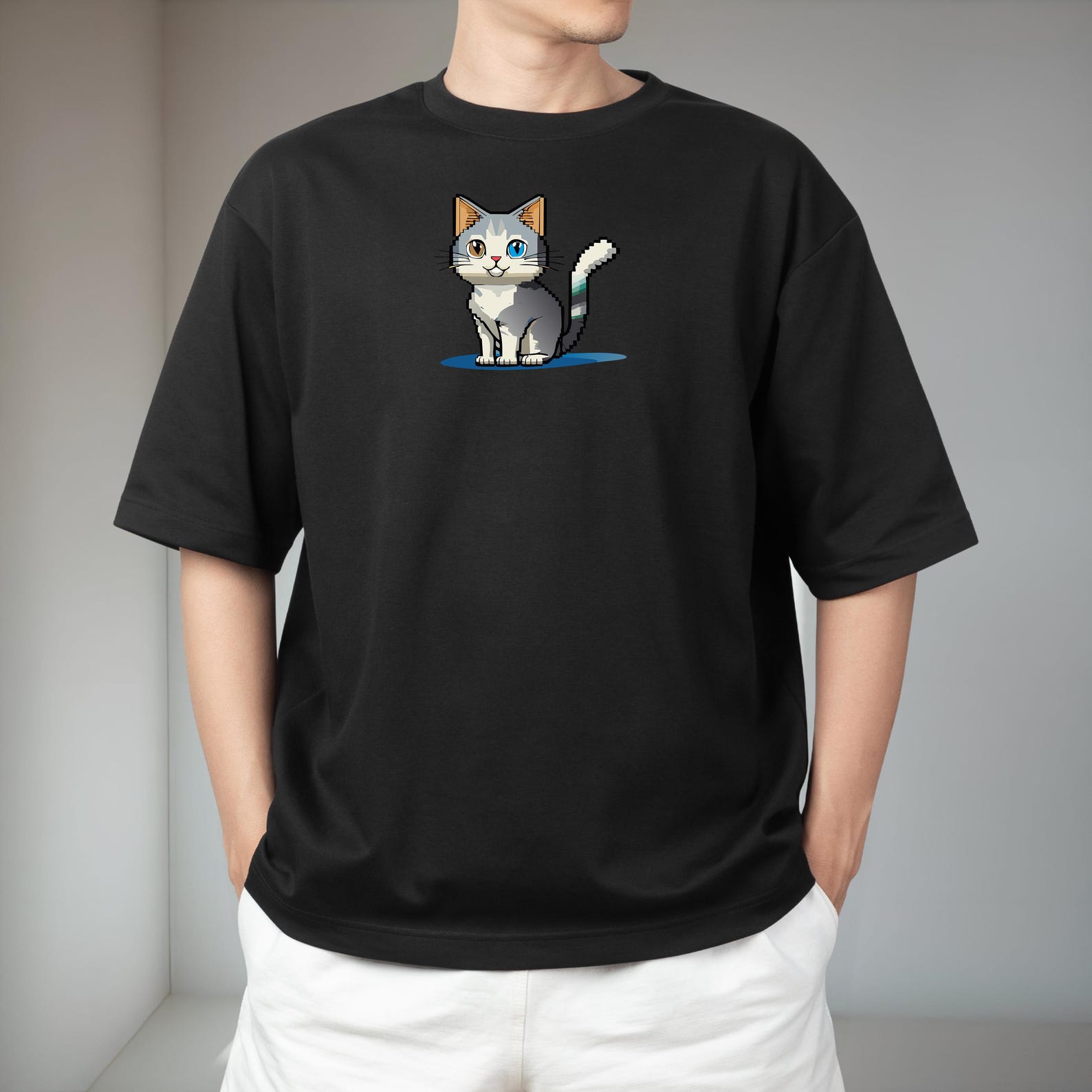 Anime Pixel Cat T-Shirt | Cute Kawaii Kitty Graphic Tee|Adorable Cartoon Feline Shirt|Japanese Anime Cat Art Tee|Whimsical Pet Lover T-Shirt