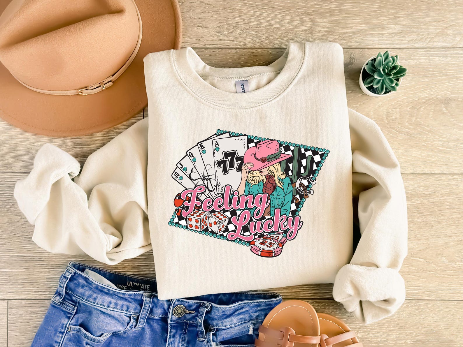 Y2K 90's Cowgirl Sweatshirt, Ace Card Cowboy Sweatshirt, Feeling Lucky Western Shirt, Poker Card Shirt, Country Girl Shirt,777 Tee for Women