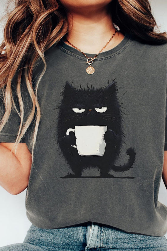 Funny Black Cat Coffee Shirt, Kawaii tired cat T shirt, Grumpy Cat Holding Mug Graphic Tee, Cute Cat Lover Gift, Tired Cat Coffee T-Shirt