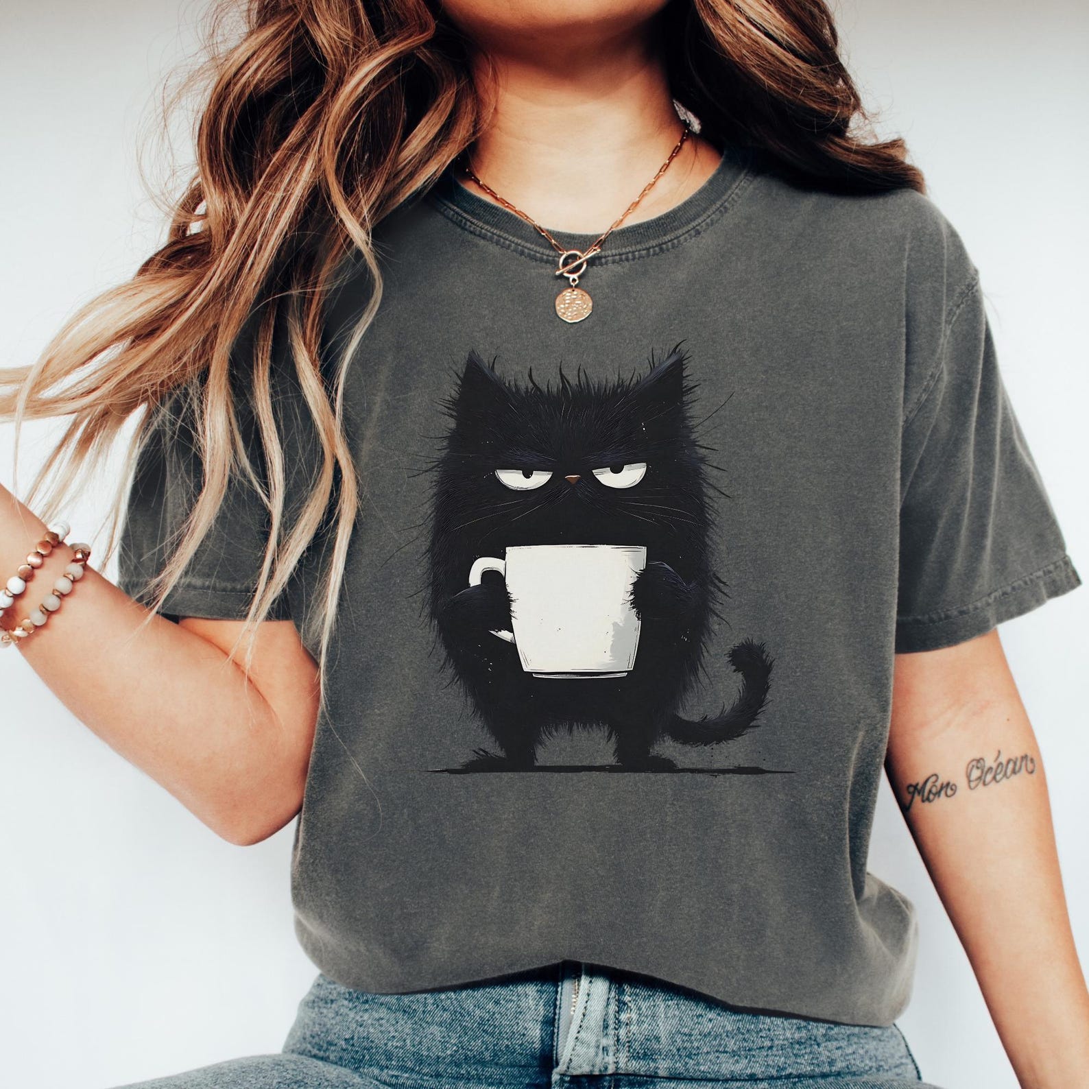 Funny Black Cat Coffee Shirt, Kawaii tired cat T shirt, Grumpy Cat Holding Mug Graphic Tee, Cute Cat Lover Gift, Tired Cat Coffee T-Shirt