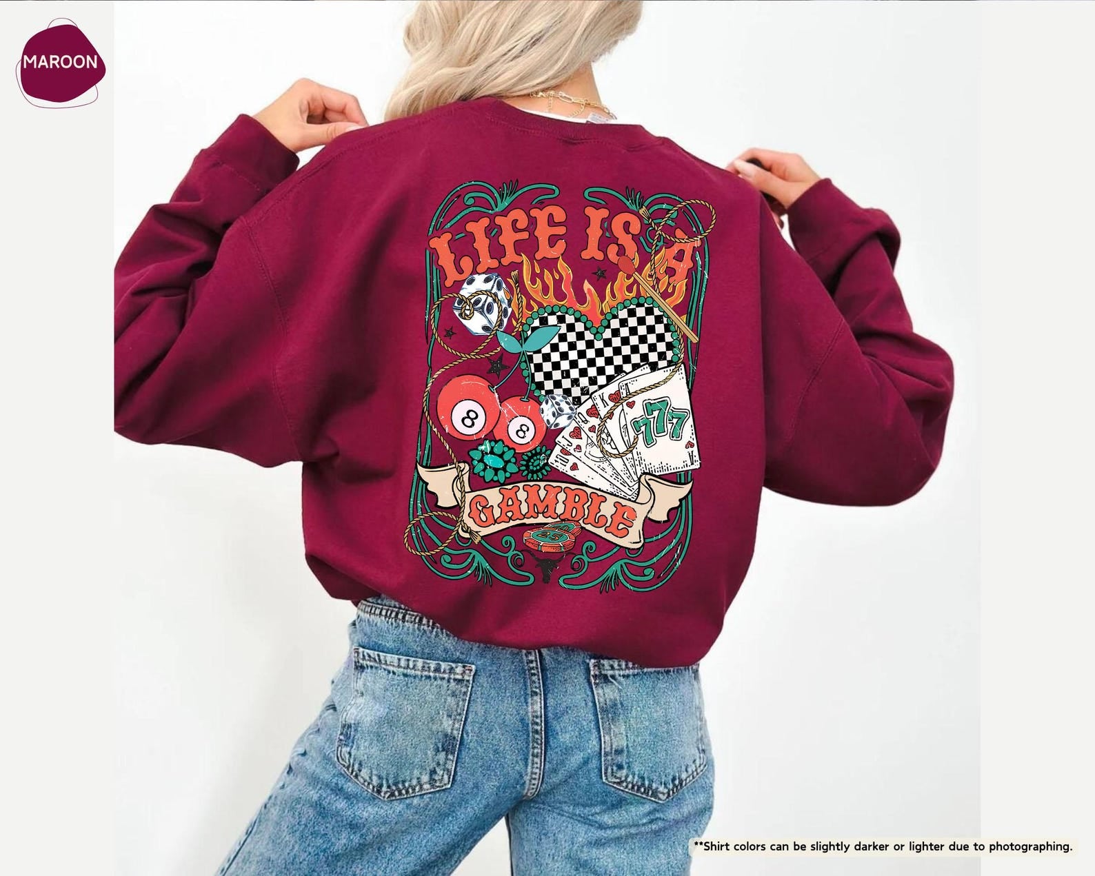 Life is a Gamble Sweatshirt, Poker Player Clothing, Playing Cards Sweater, Wild West Party,Western Cowgirl