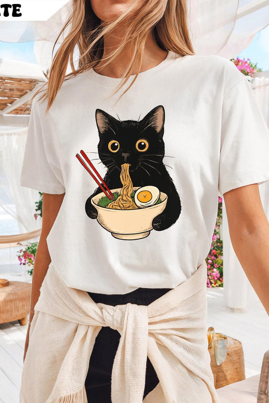 Noodle Cat Shirt, Ramen Eating Cat Shirt, Foodie Lover Shirts, Black Cat Noodle Shirt, Retro Cat Tee, Cat Owner Gift, Black Cat Shirt