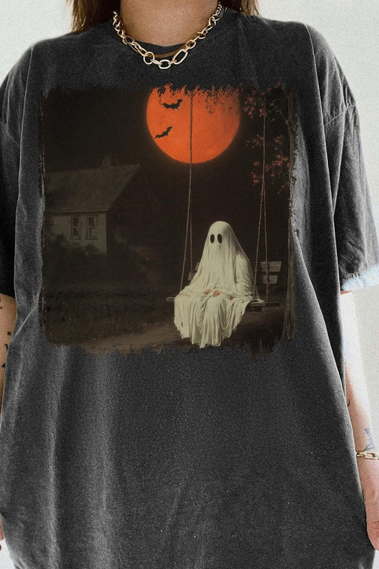 Haunted Ghost Swing Shirt Design, Red Moon Spooky Night Sublimation, Creepy Fall Scene Shirt, T-Shirt