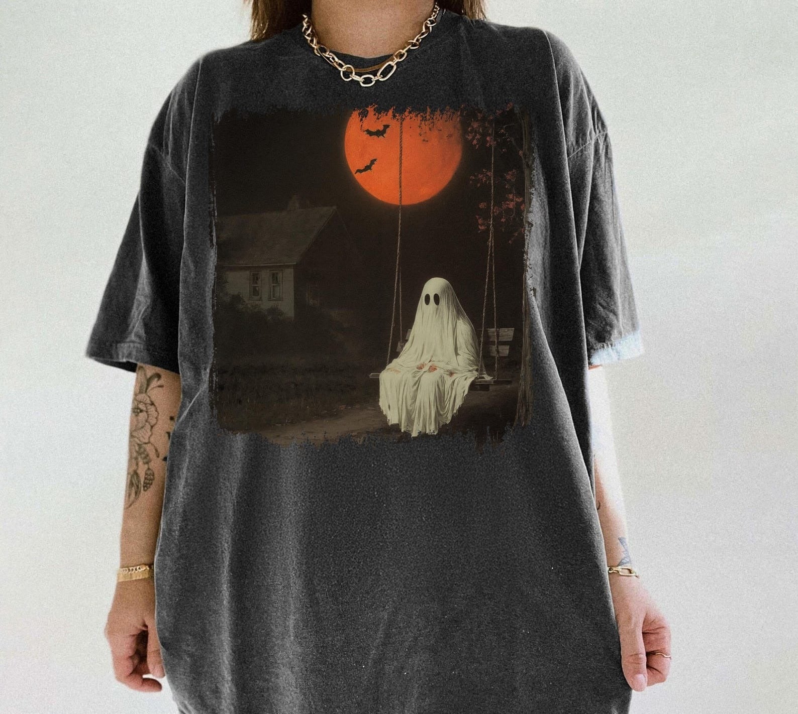 Haunted Ghost Swing Shirt Design, Red Moon Spooky Night Sublimation, Creepy Fall Scene Shirt, T-Shirt