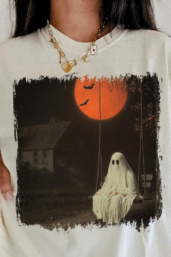Haunted Ghost Swing Shirt Design, Red Moon Spooky Night Sublimation, Creepy Fall Scene Shirt, T-Shirt
