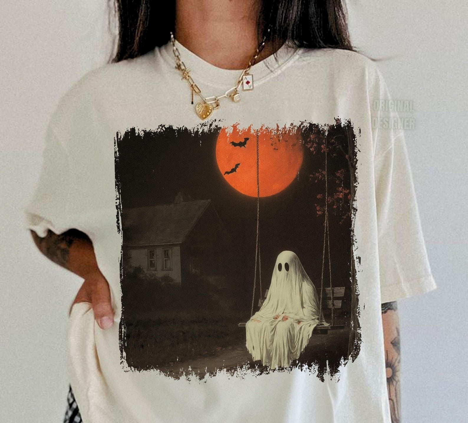 Haunted Ghost Swing Shirt Design, Red Moon Spooky Night Sublimation, Creepy Fall Scene Shirt, T-Shirt