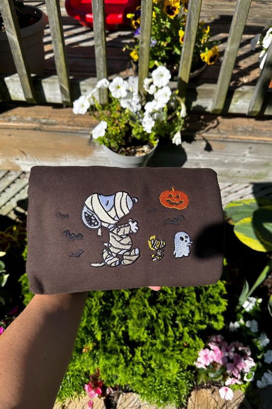 Cute Halloween Embroidered Sweatshirt – Mummy Dog & Ghosts Fall Crewneck, Spooky Season Aesthetic, Cozy October Sweater