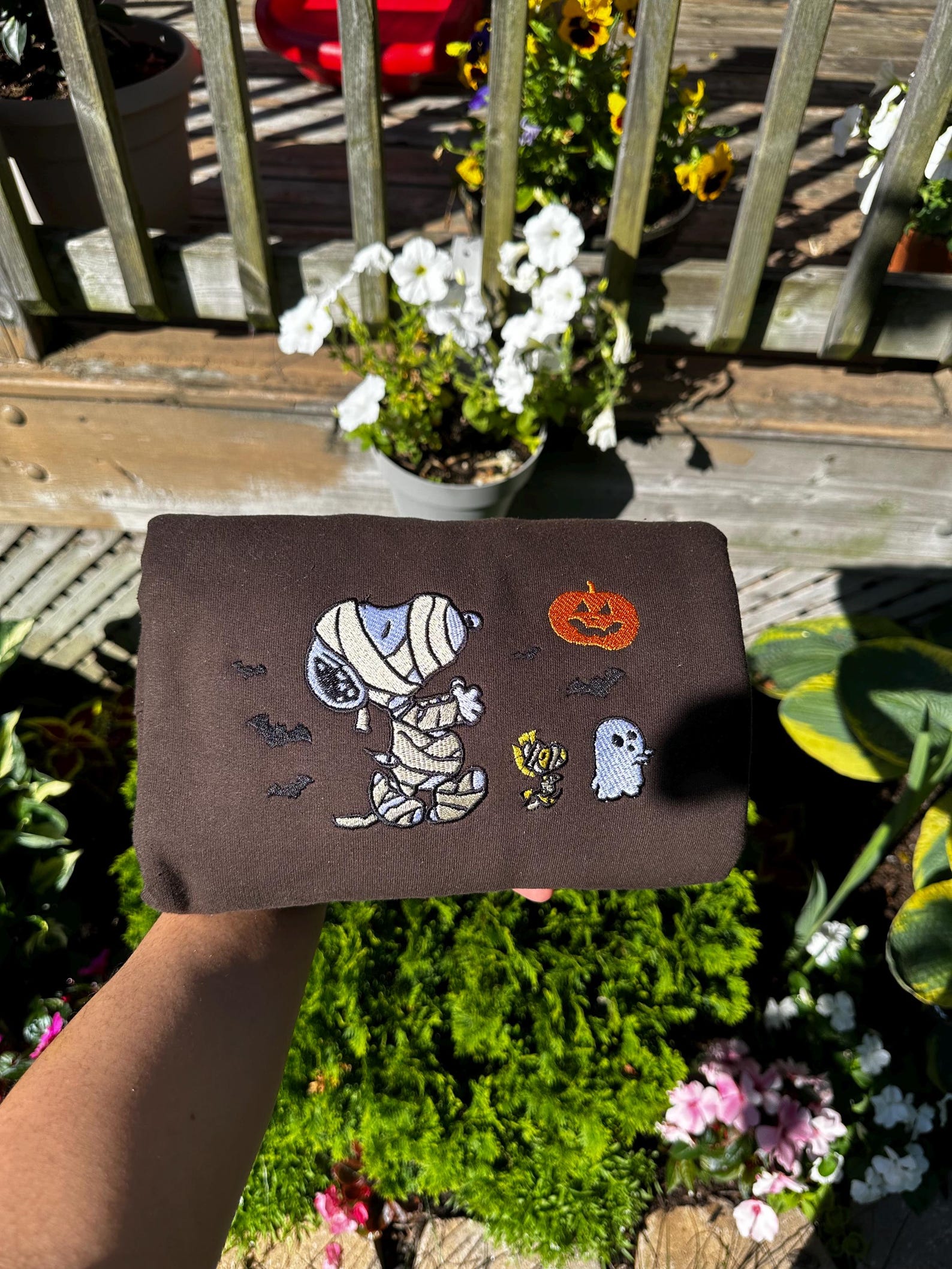 Cute Halloween Embroidered Sweatshirt – Mummy Dog & Ghosts Fall Crewneck, Spooky Season Aesthetic, Cozy October Sweater