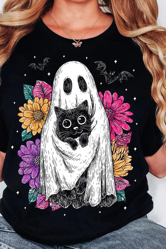 Retro Halloween Ghost And Cat, Spooky Ghost, Preppy Floral Halloween Shirt, T-Shirt