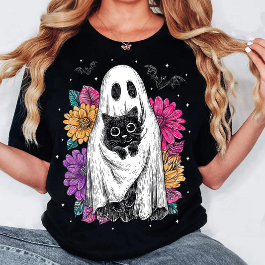 Retro Halloween Ghost And Cat, Spooky Ghost, Preppy Floral Halloween Shirt, T-Shirt