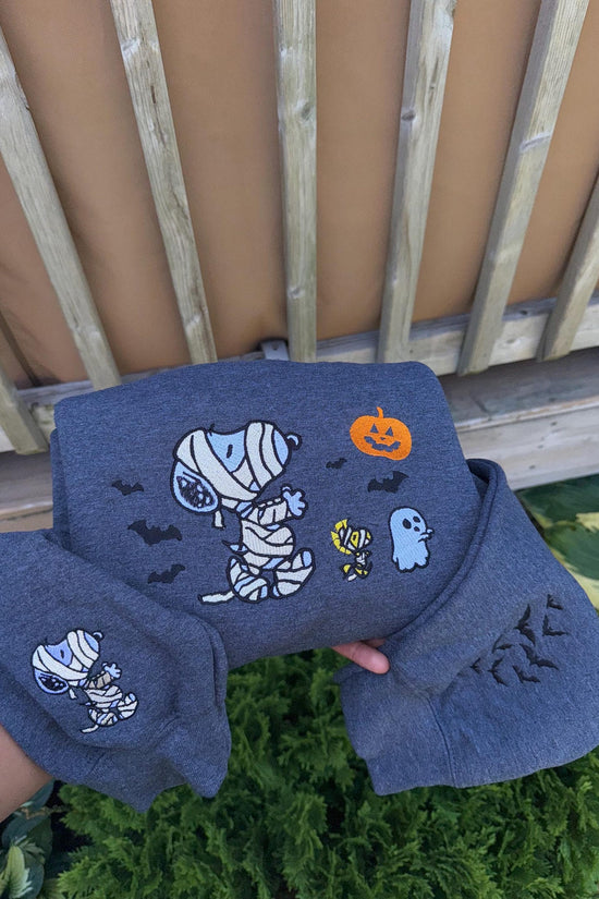 Cute Halloween Embroidered Sweatshirt – Mummy Dog & Ghosts Fall Crewneck, Spooky Season Aesthetic, Cozy October Sweater
