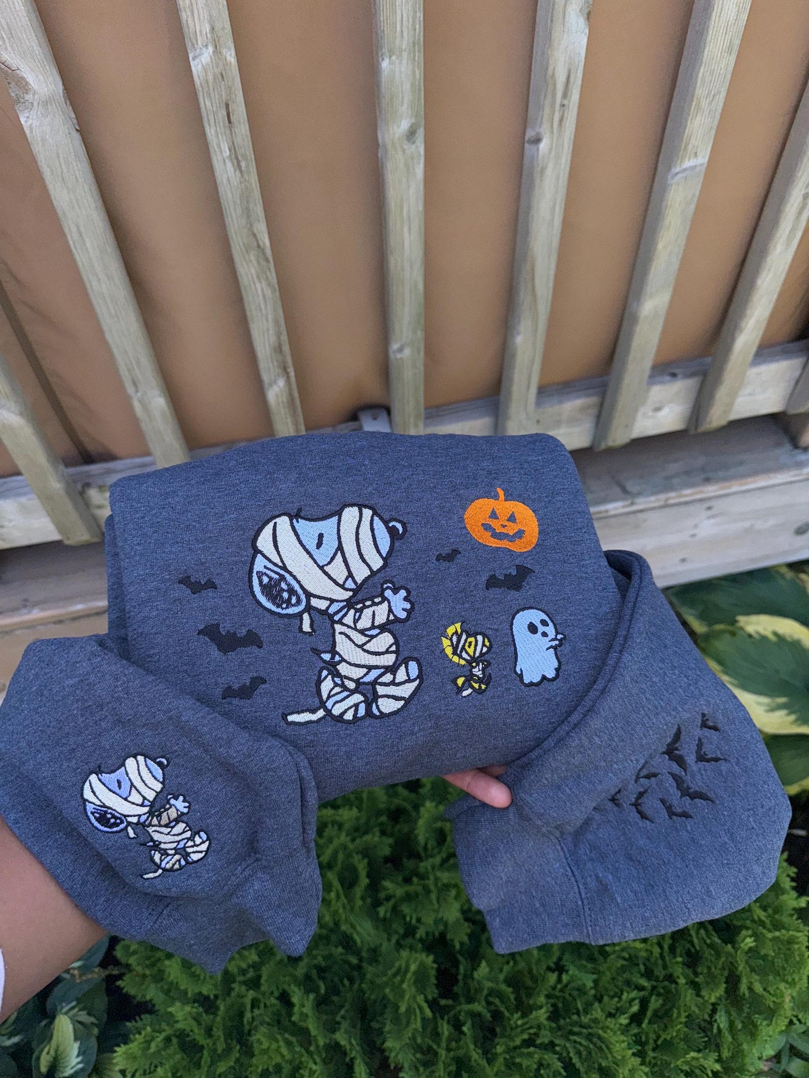 Cute Halloween Embroidered Sweatshirt – Mummy Dog & Ghosts Fall Crewneck, Spooky Season Aesthetic, Cozy October Sweater
