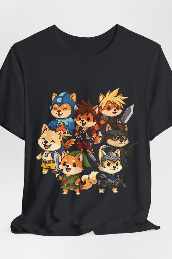 Chibi Shiba Inu Gamer Shirt, Pawty Up! Tee Featuring Link, Cloud, Mega Man, Funny Cosplay Dog Shirt, Geeky Gift for Gamers, Dog Lovers