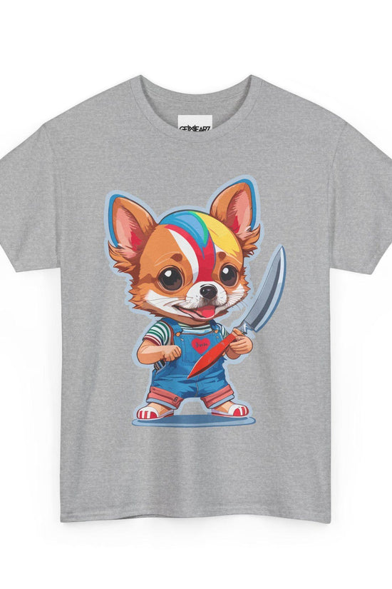 Chibi Chihuahua Dog with Knife Cute but Creepy Cartoon Style Funny Pet Art T-Shirt for Dog Lovers Horror Fans and Unique Streetwear