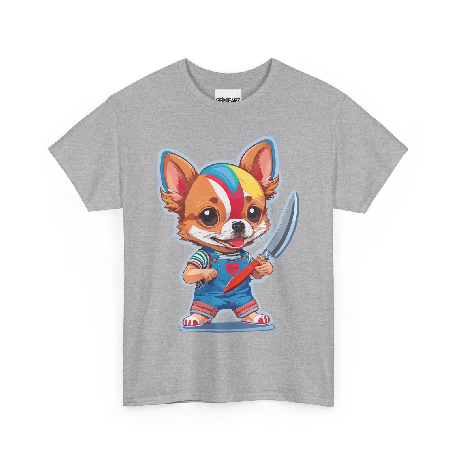Chibi Chihuahua Dog with Knife Cute but Creepy Cartoon Style Funny Pet Art T-Shirt for Dog Lovers Horror Fans and Unique Streetwear