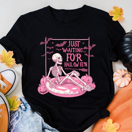 Just Waiting for Halloween Shirt, Funny Skeleton Pumpkin Shirt, Spooky Fall Graphic Shirt, Retro Halloween T-Shirt for Her