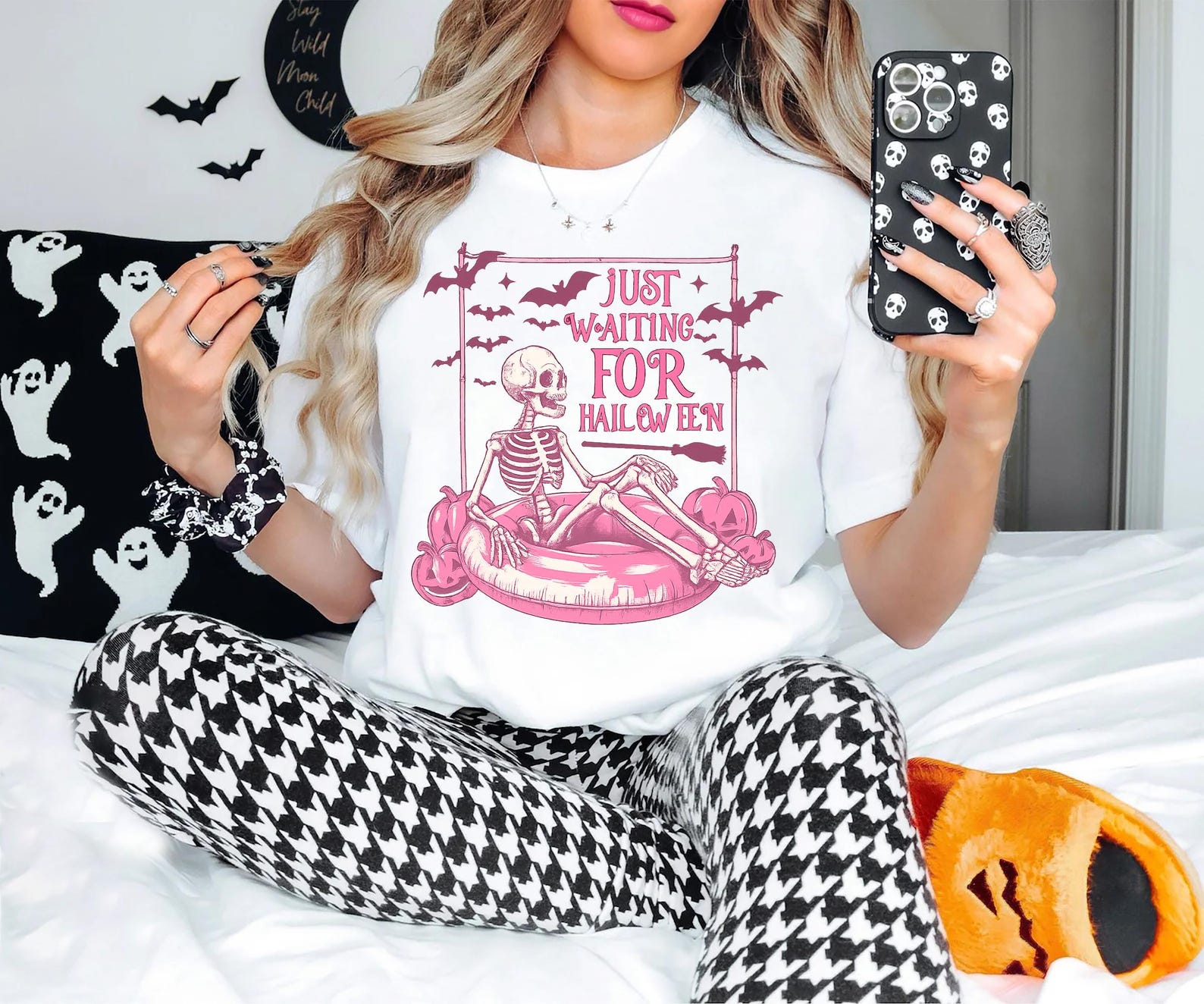 Just Waiting for Halloween Shirt, Funny Skeleton Pumpkin Shirt, Spooky Fall Graphic Shirt, Retro Halloween T-Shirt for Her