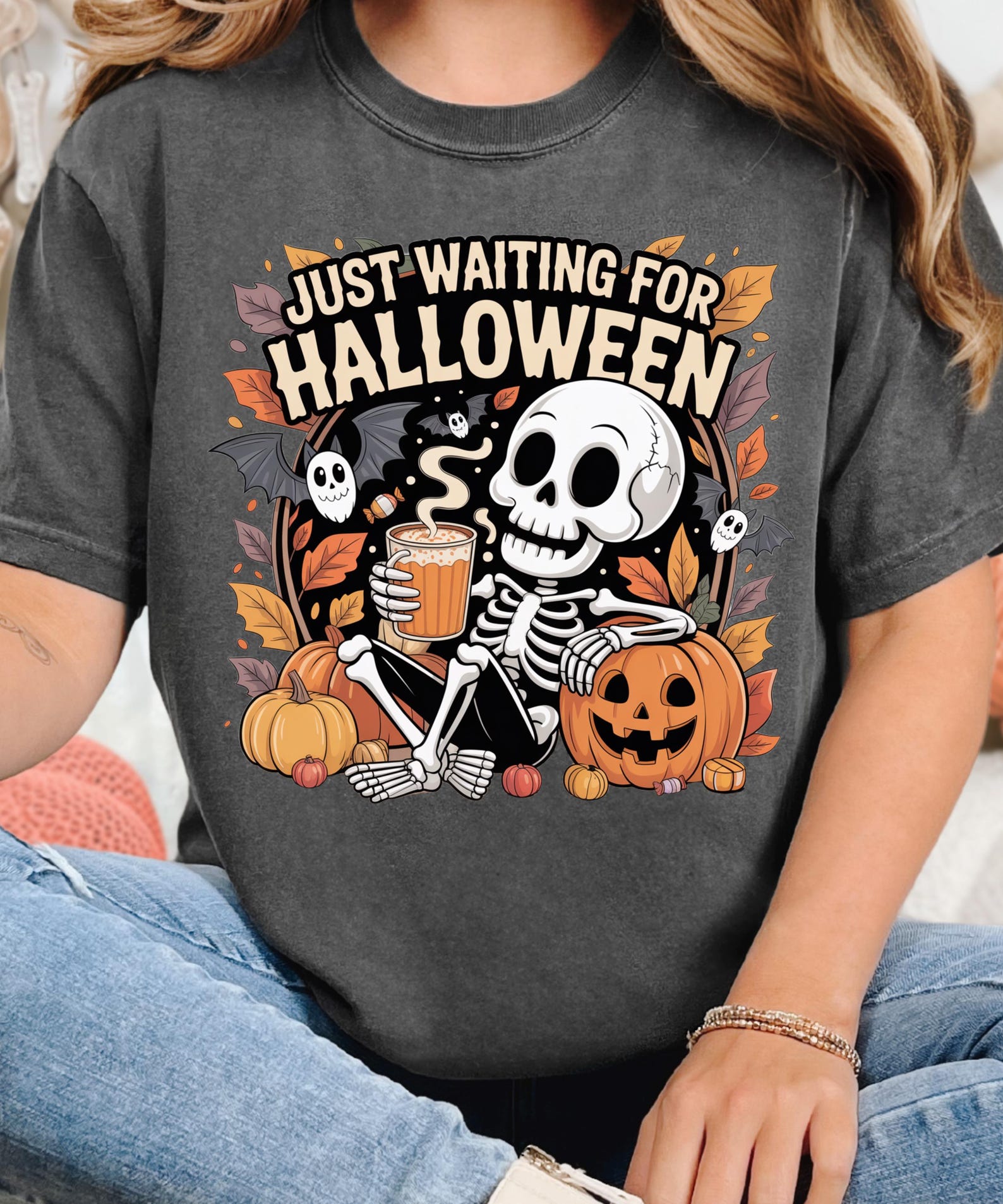 Funny Skeleton Pumpkin Shirt, Spooky Fall Graphic Shirt, Retro Halloween T-Shirt for Her.