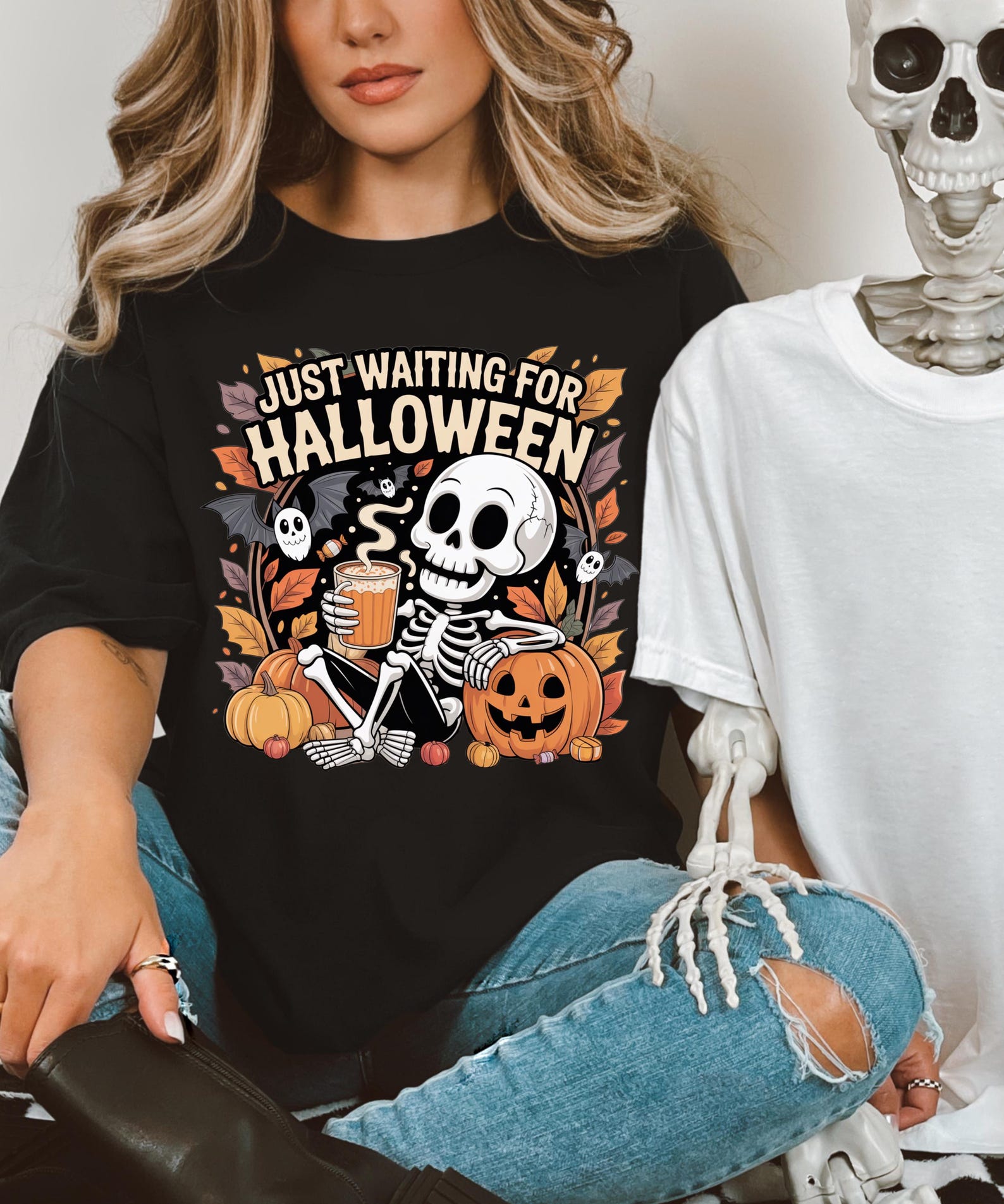 Funny Skeleton Pumpkin Shirt, Spooky Fall Graphic Shirt, Retro Halloween T-Shirt for Her.