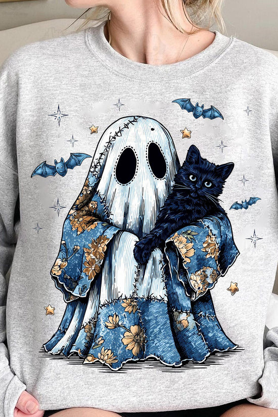 Retro Halloween Ghost And Cat, Retro Halloween Blue Denim Ghost, Trendy Patchwork Spooky Ghost Shirt, Sweatshirt