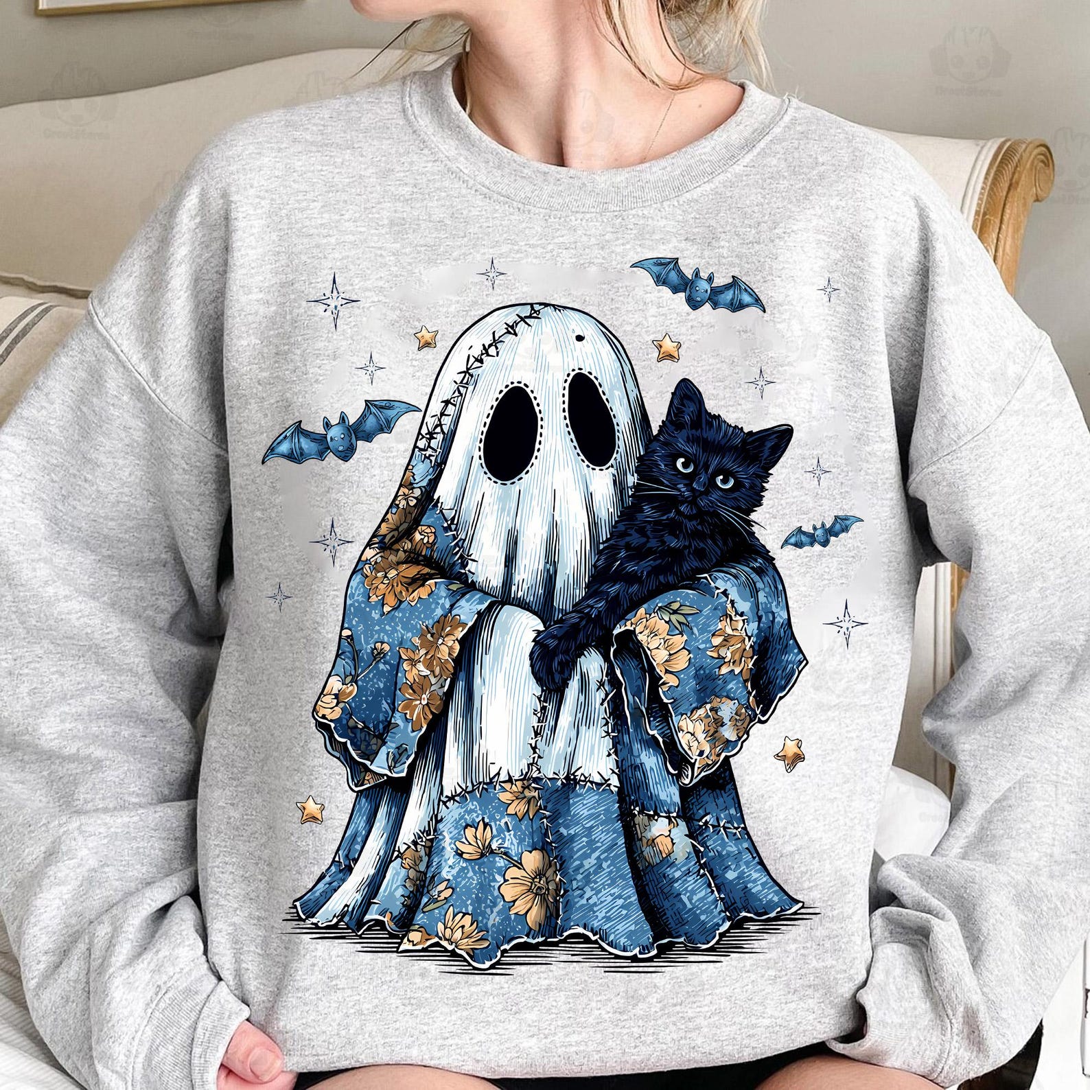Retro Halloween Ghost And Cat, Retro Halloween Blue Denim Ghost, Trendy Patchwork Spooky Ghost Shirt, Sweatshirt