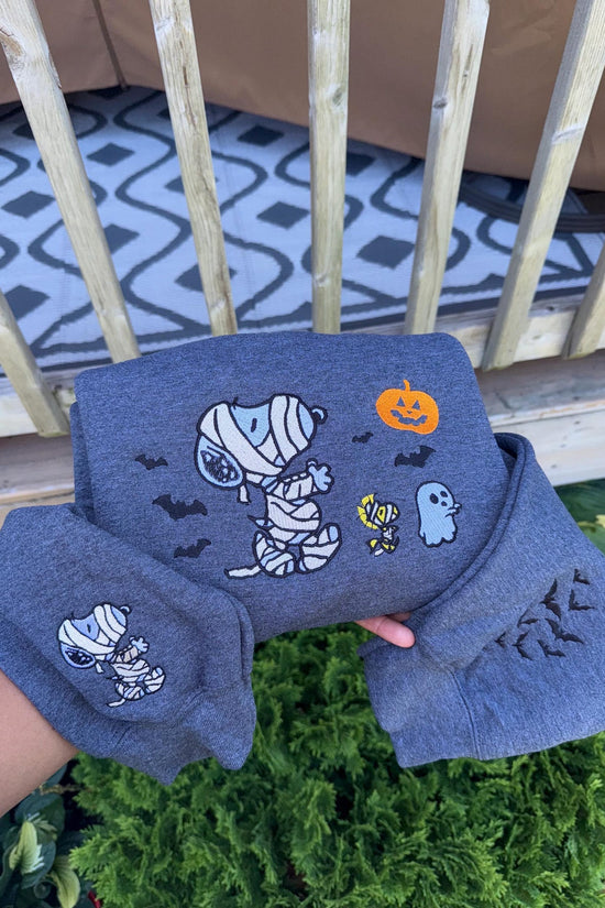 Cute Halloween Embroidered Sweatshirt – Mummy Dog & Ghosts Fall Crewneck, Spooky Season Aesthetic, Cozy October Sweater