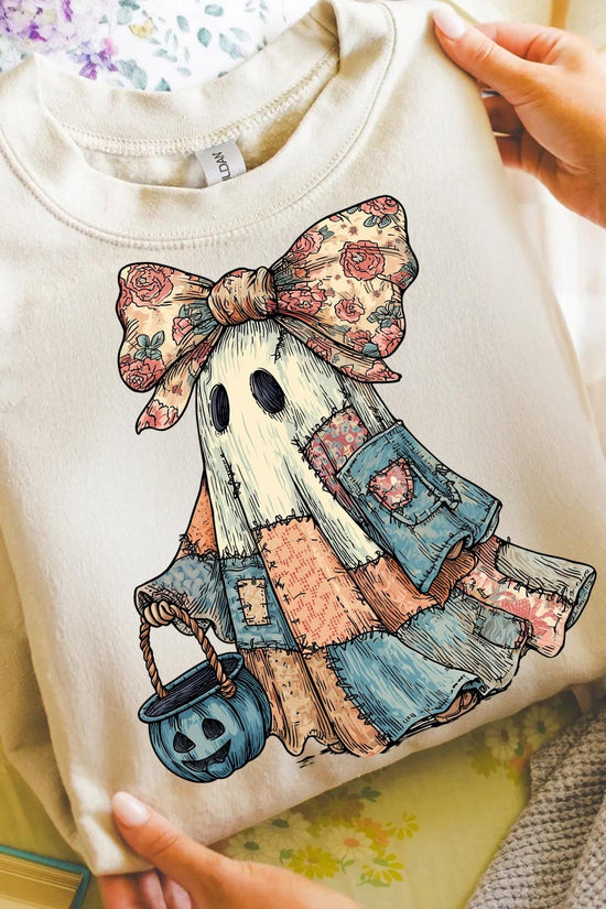 Retro Halloween Blue Denim Ghost, Trendy Patchwork Spooky Ghost, Cute Boo Ghost Coquette Shirt, T-Shirt