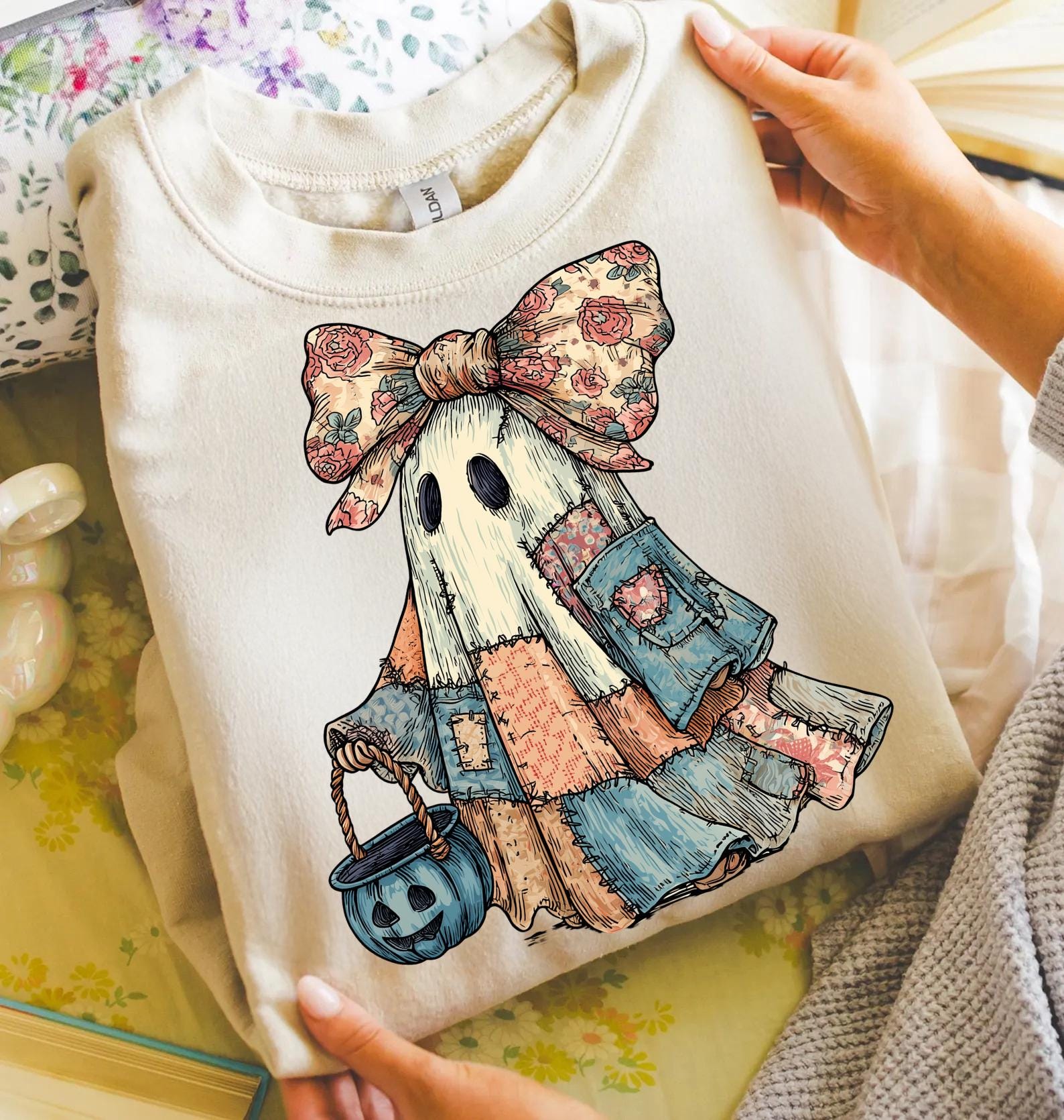 Retro Halloween Blue Denim Ghost, Trendy Patchwork Spooky Ghost, Cute Boo Ghost Coquette Shirt, T-Shirt