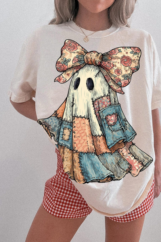 Retro Halloween Blue Denim Ghost, Trendy Patchwork Spooky Ghost, Cute Boo Ghost Coquette Shirt, T-Shirt
