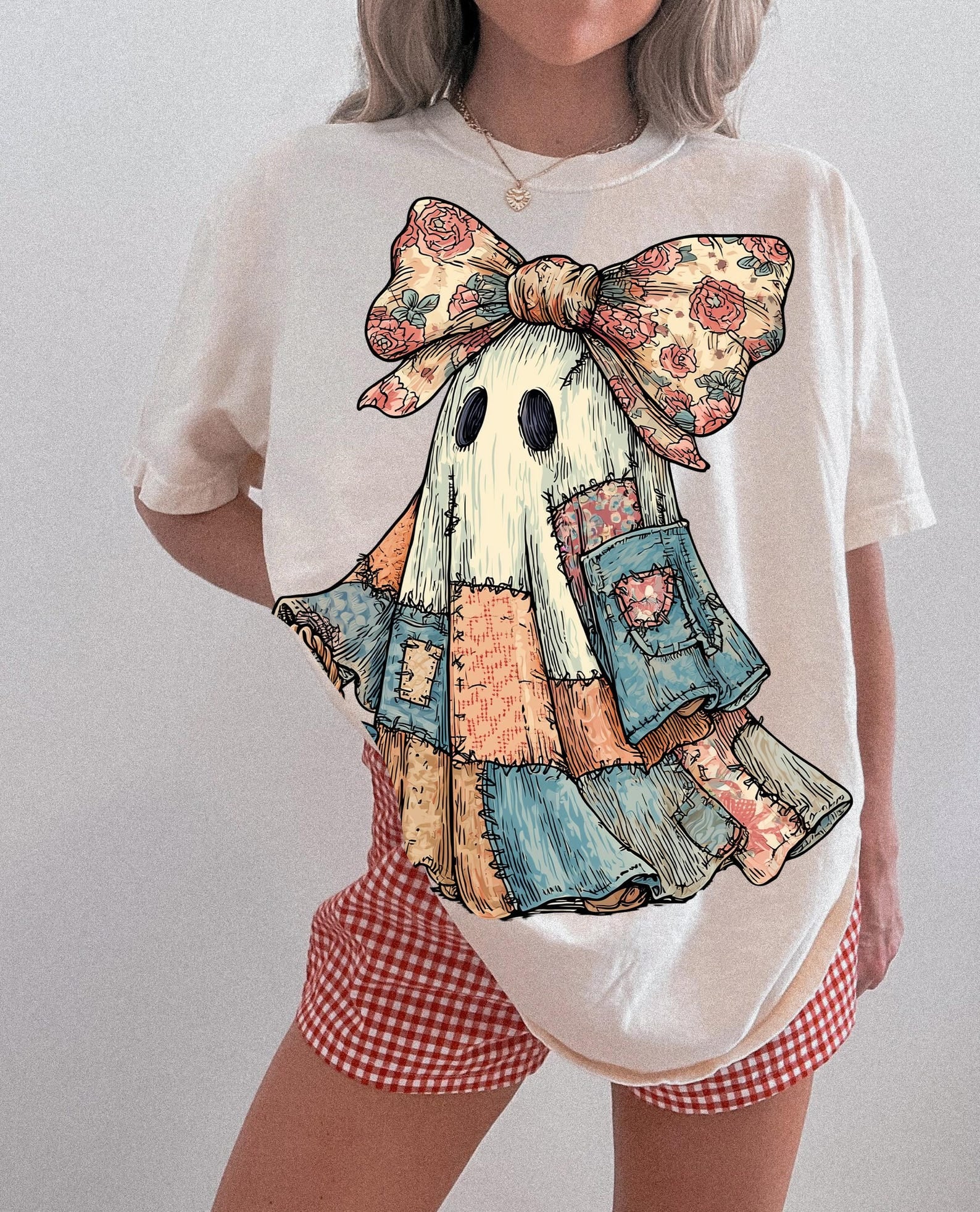 Retro Halloween Blue Denim Ghost, Trendy Patchwork Spooky Ghost, Cute Boo Ghost Coquette Shirt, T-Shirt