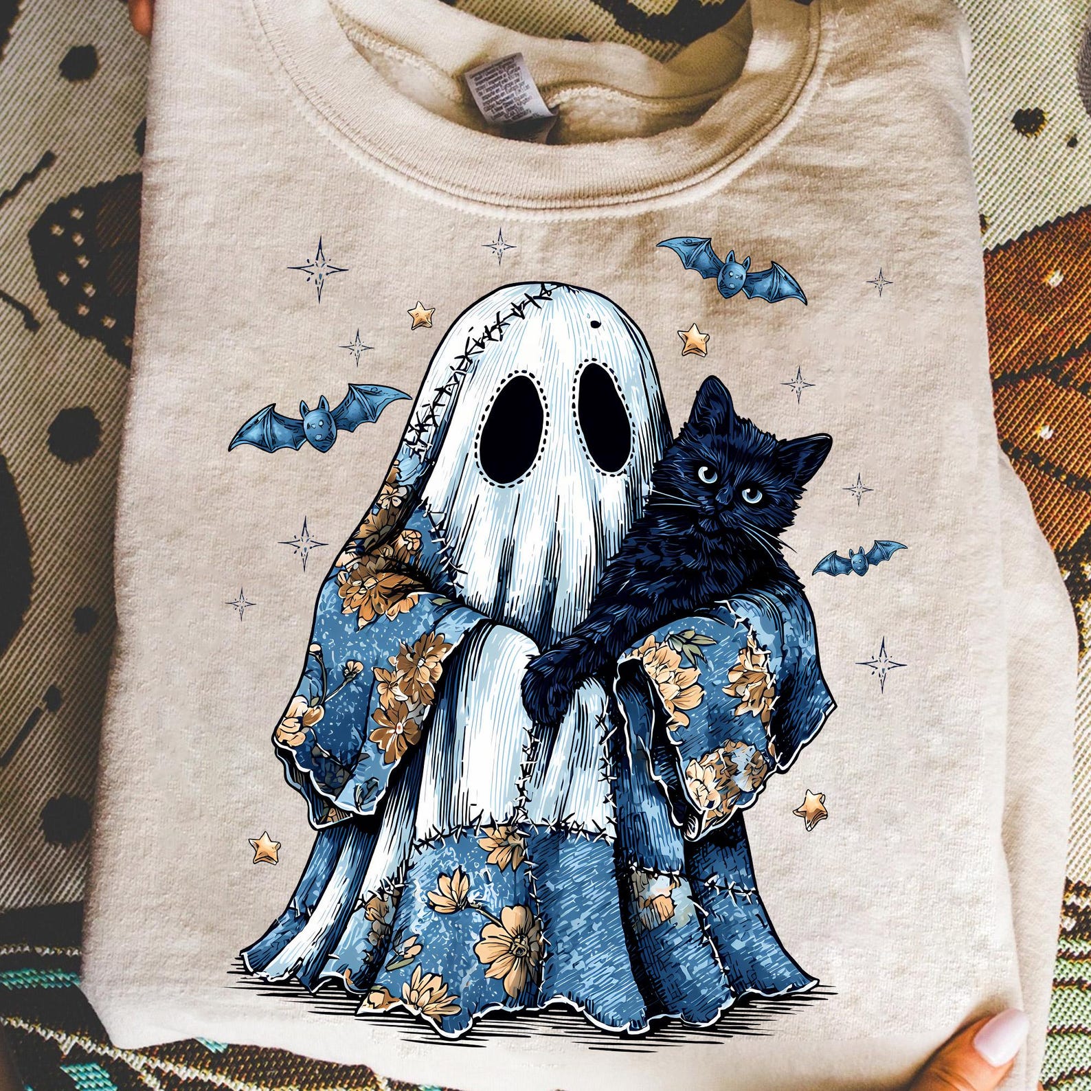 Retro Halloween Ghost And Cat, Retro Halloween Blue Denim Ghost, Trendy Patchwork Spooky Ghost Shirt, Sweatshirt