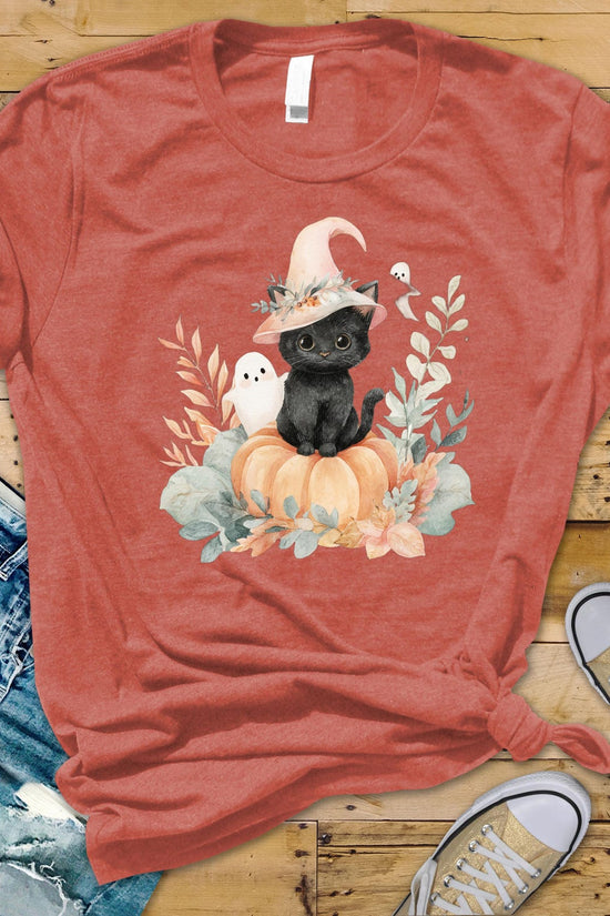 Adorable Halloween Black Cat & Ghost Pumpkin T-Shirt | Spooky Cute Kitty Tee