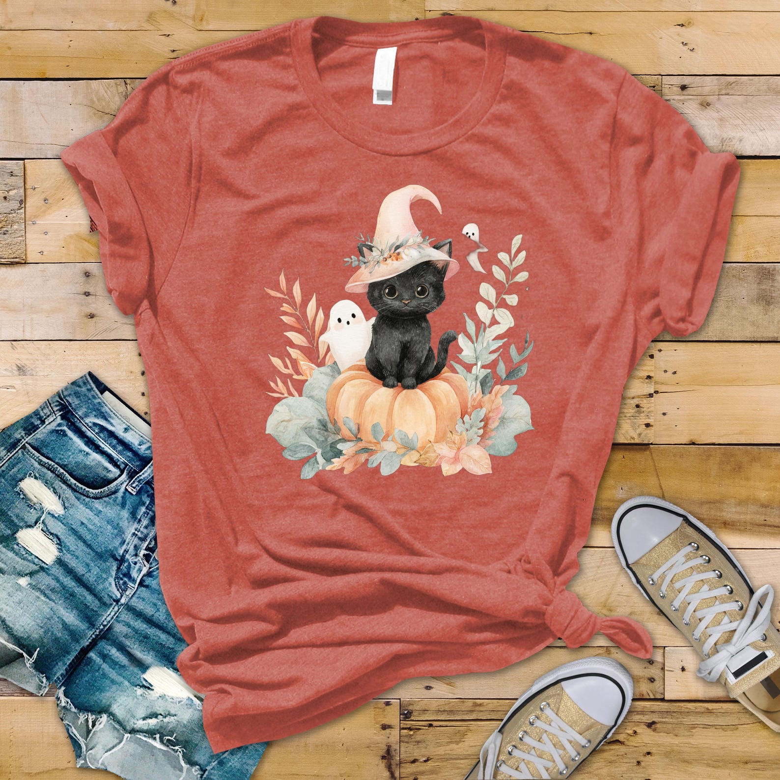 Adorable Halloween Black Cat & Ghost Pumpkin T-Shirt | Spooky Cute Kitty Tee