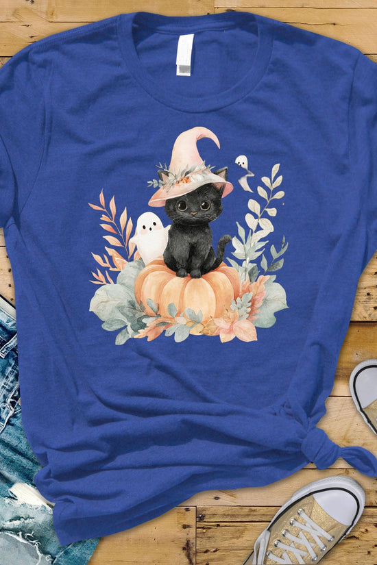 Adorable Halloween Black Cat & Ghost Pumpkin T-Shirt | Spooky Cute Kitty Tee