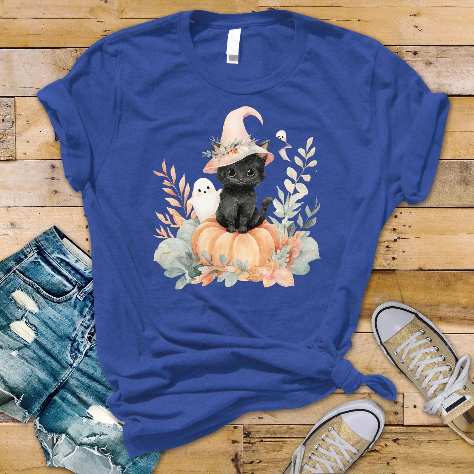 Adorable Halloween Black Cat & Ghost Pumpkin T-Shirt | Spooky Cute Kitty Tee