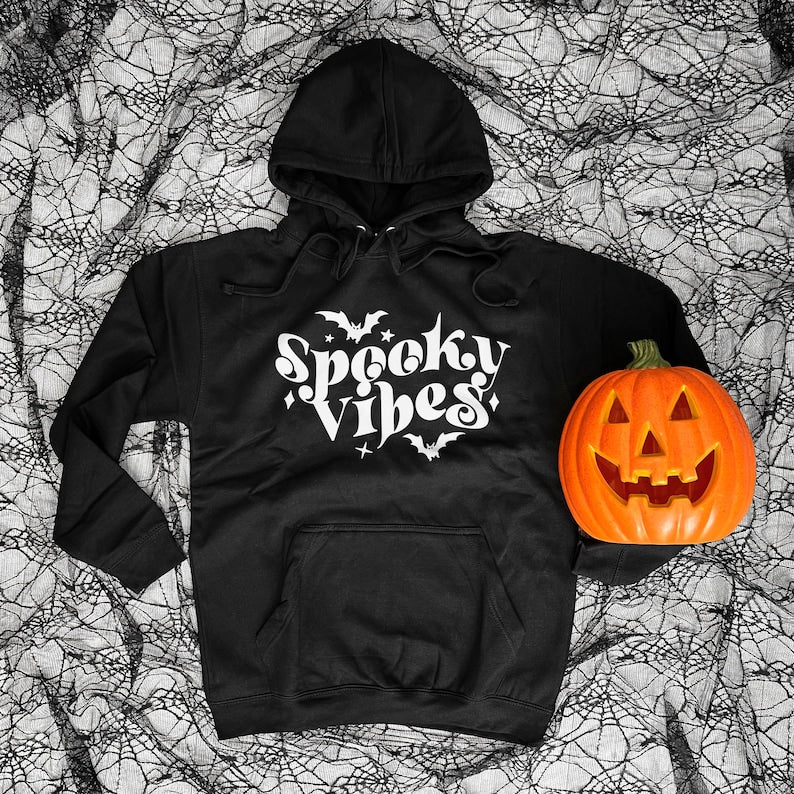 Halloween Retro Hoodie - Spooky Vibes Hoodie - Retro Font Halloween Hoodie - Retro Fall Hoodie For Halloween - Womens Retro Halloween Hoodie